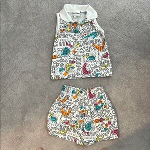 Vintage Playful Graphic Print Polo Top & Shorts Set - White Multicolor